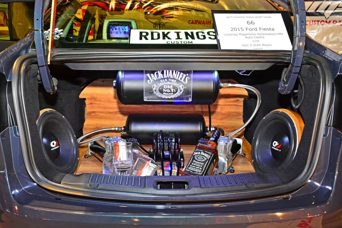 Modified 2015 Ford Fiesta sound system speakers and Jack Daniel's whiskey mini bar at Manila International Auto