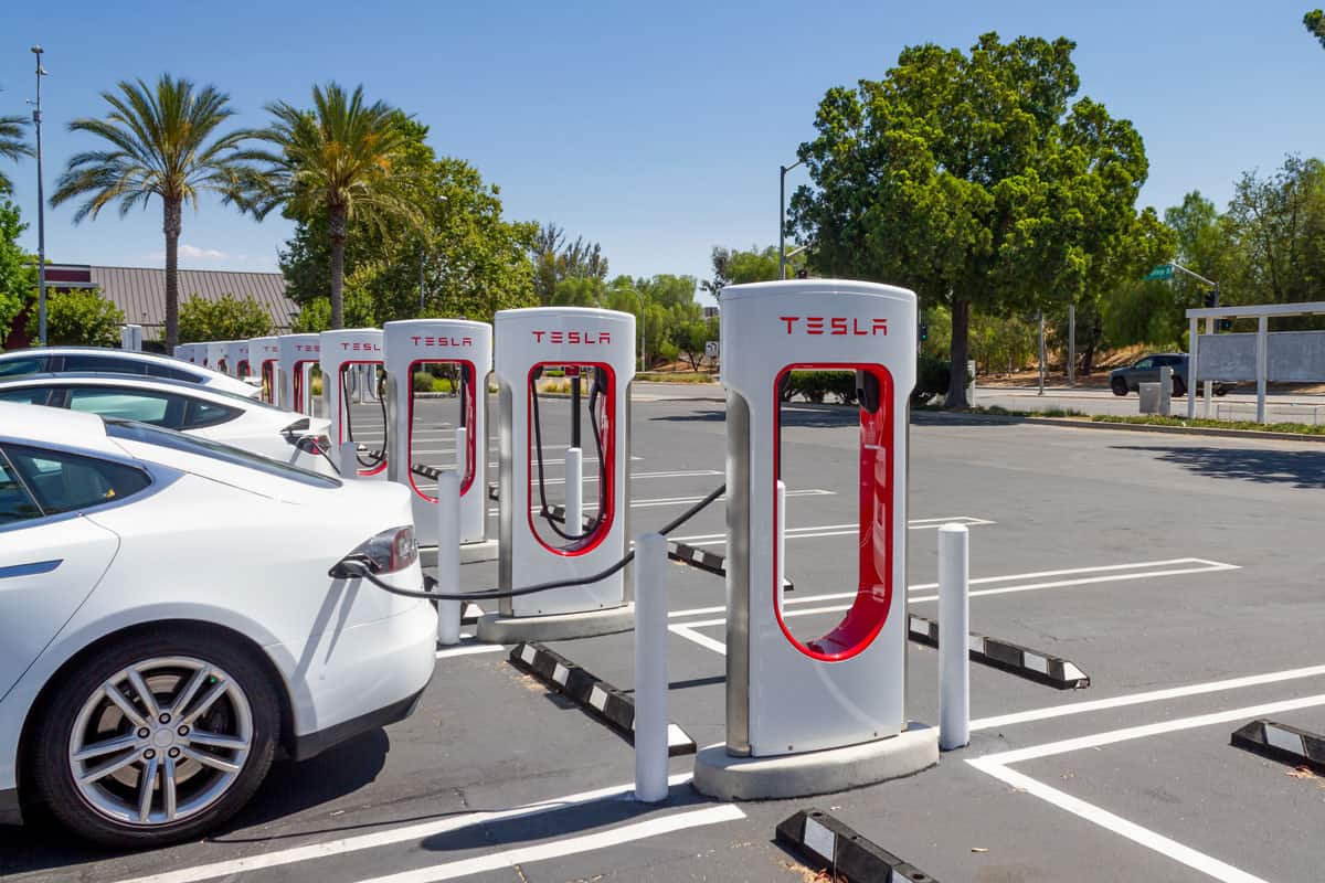 Tesla charging at Tesla Supercharger Station at the Brea Mall