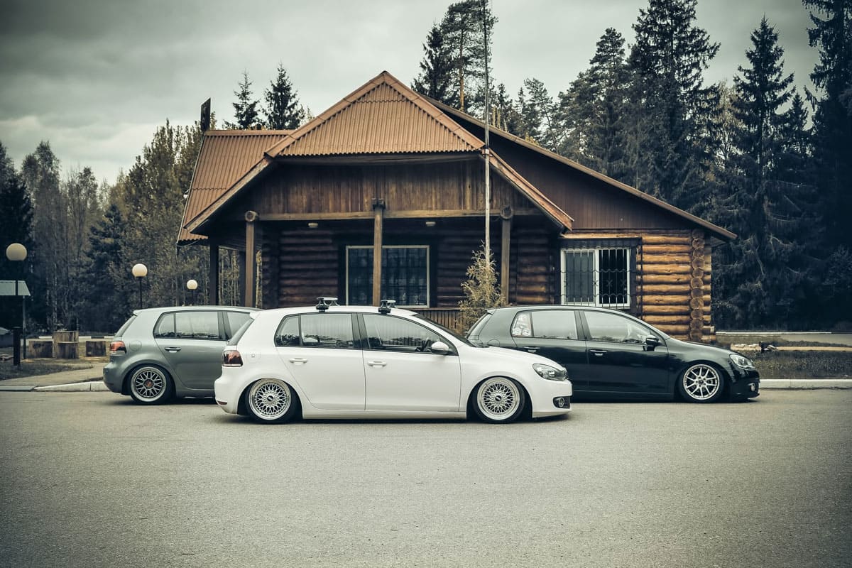Three volkswagen golf mk 6 Grey, white, black, Stance tunned, Lowride cars on air suspencion, Bagged tuning