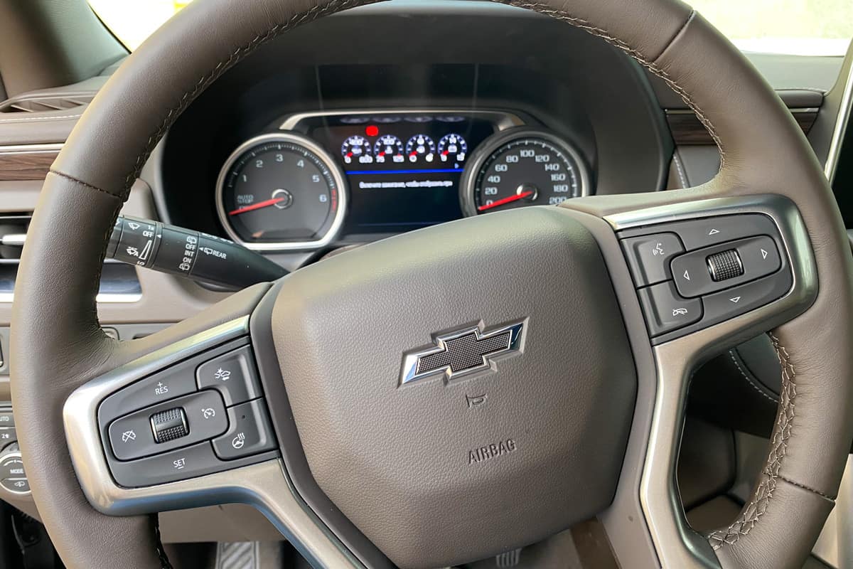 teering Wheel of new 2021 Chevrolet Tahoe SUV. Chevy is a Division of General Motors.