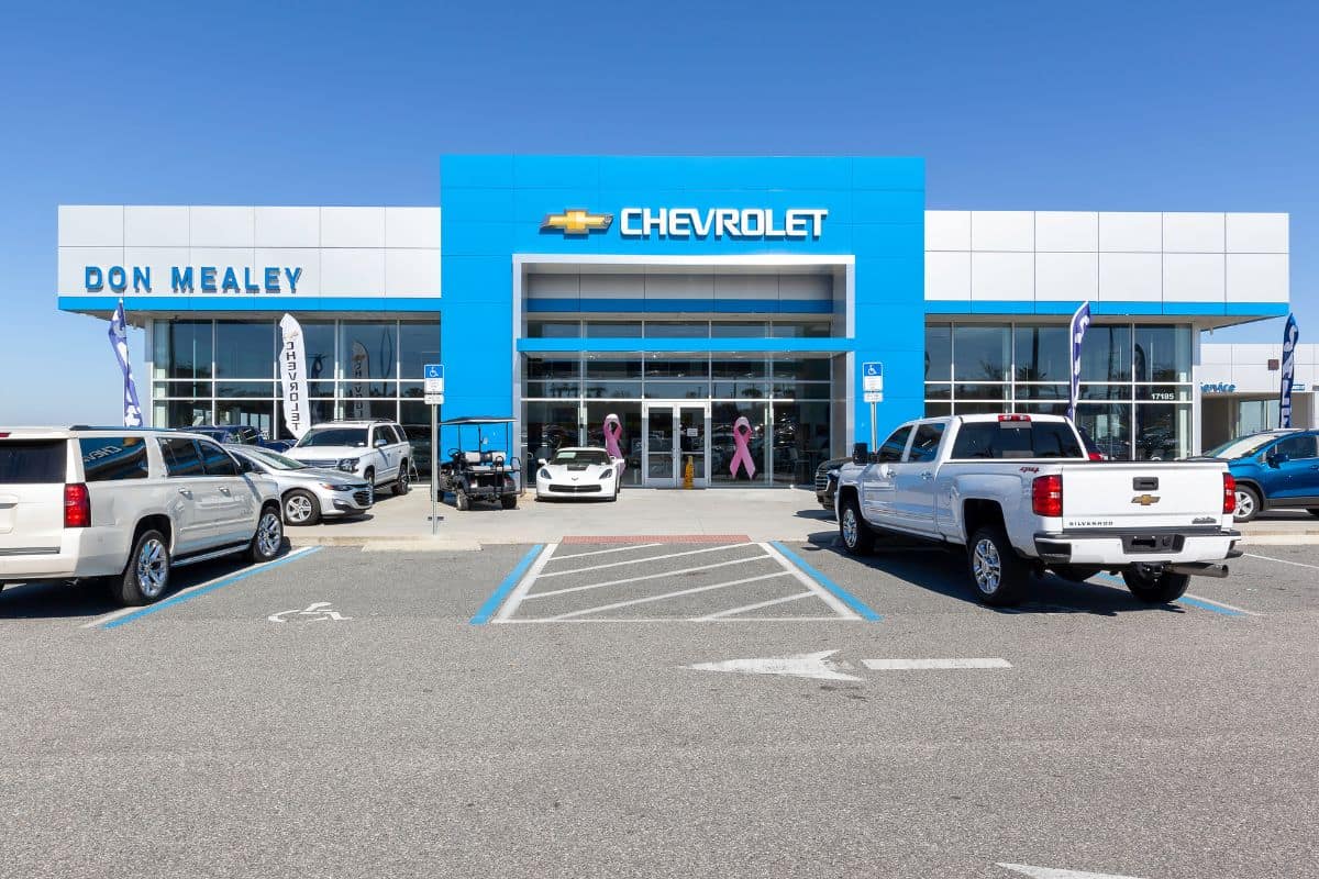 Exterior view of Chevrolet car dealership in Orlando, Florida, an American automobile division of the American manufacturer General Motors (GM).
