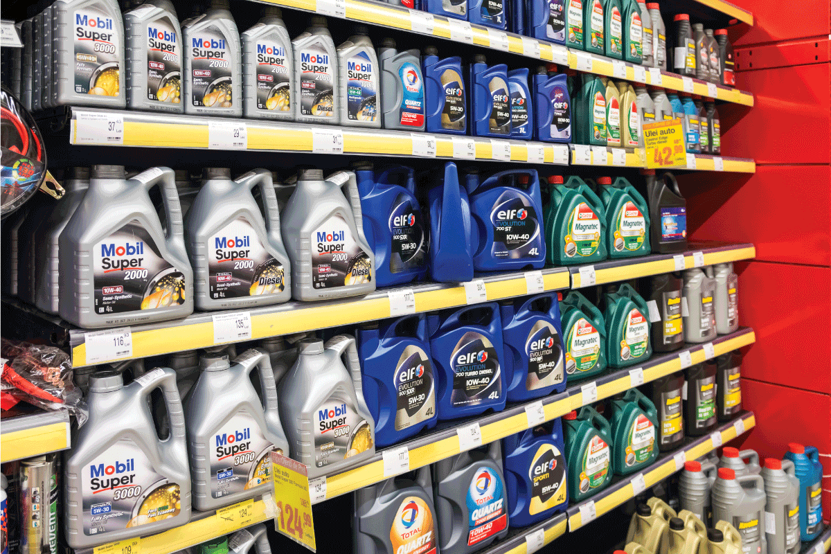 Automobile Motor Oil On Supermarket Shelf used for lubrication of various internal combustion engines.