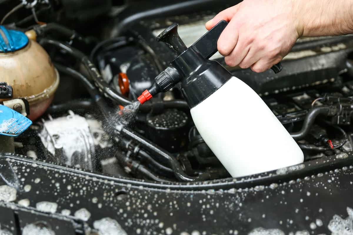 Car engine washing close-up. 