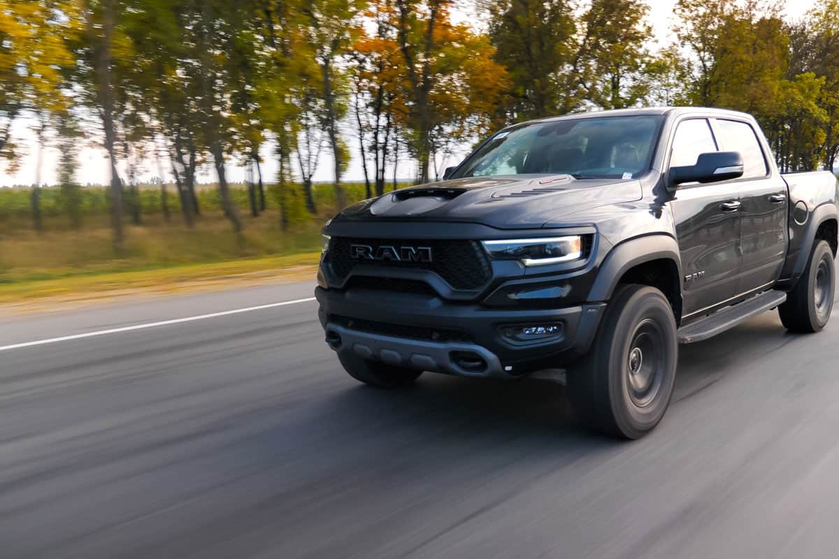 Dodge Ram TRX drives on a country road