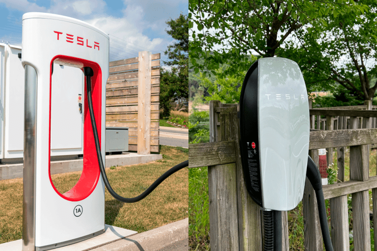 Collaged photo of Tesla chargers, How Long Does It Take To Charge A Tesla At A Public Charging Station?