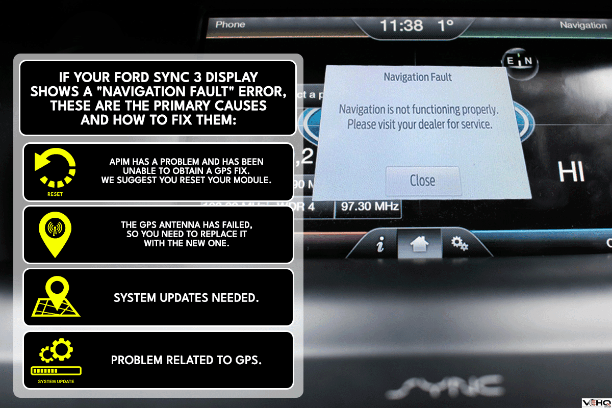 A dashboard of a Ford SUV showing Navigation Fault on Sync 3, How To Fix The Ford Sync 3 Navigation Fault