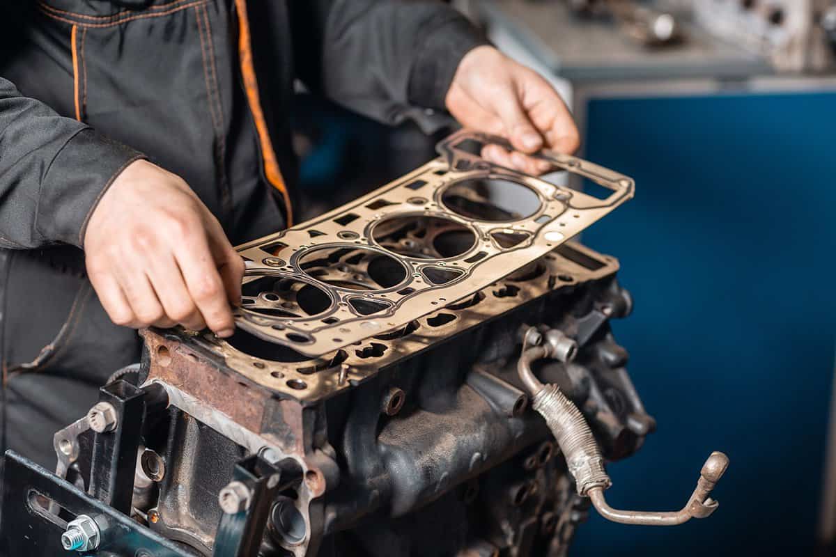 Mechanic disassemble block engine vehicle and sealing gasket in hand