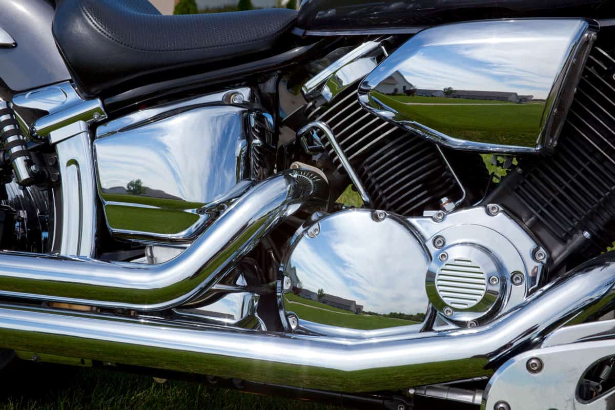 Metalic Motorcycle Muscle; Clean Reflective Chrome Curves, Engine, Pipes, Metal