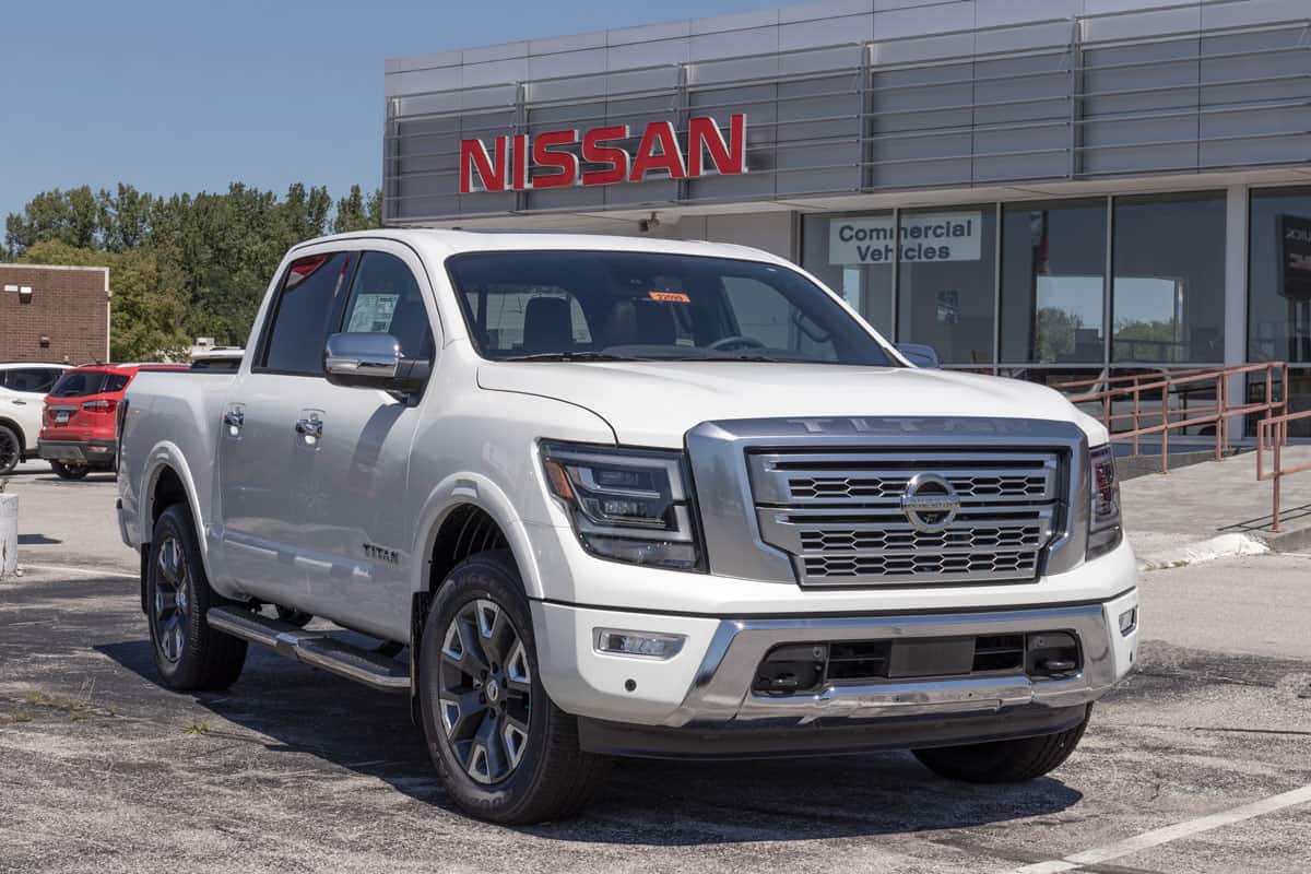 Nissan Titan display at a dealership. Nissan offers the Titan in King Cab