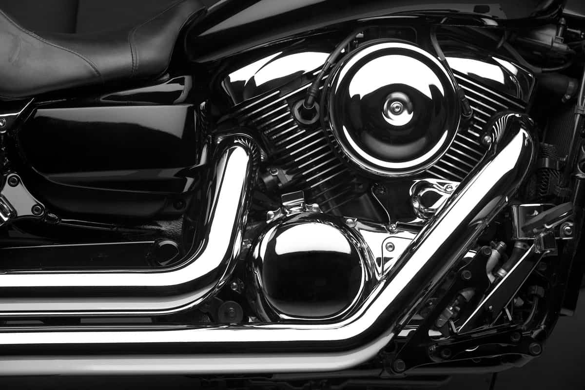 V-Twin Power engine very shiny and glossy stainless exhaust pipes chrome