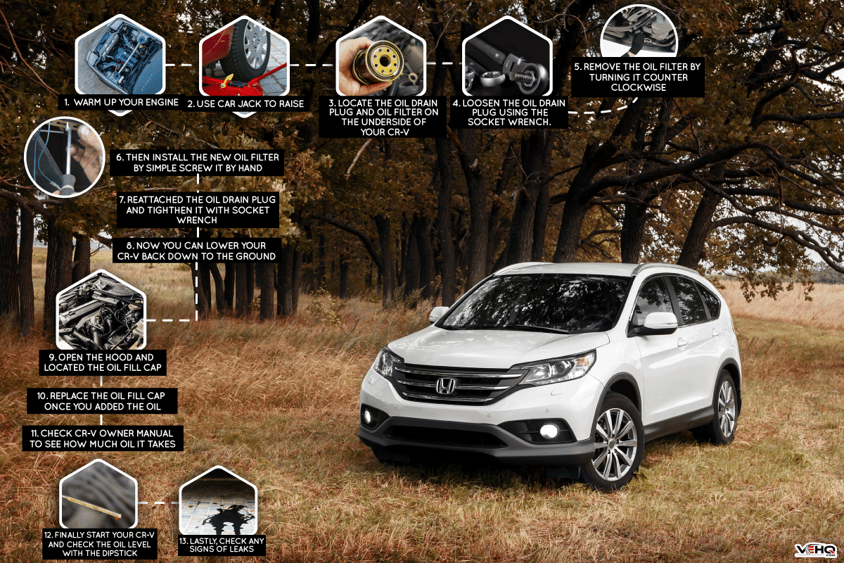 White modern car Honda CRV stay on grass near forest at autumn, What Is The Best Oil For Honda CR-V?