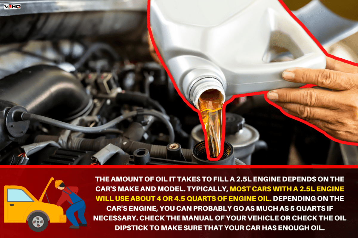 Car mechanic replacing and pouring fresh oil into engine at maintenance repair service station. - How Much Oil Does A 2.5L Engine Take?