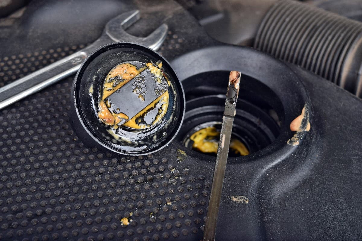 Greasy yellow motor oil under oil cap as signs and symptom of a blown head gasket