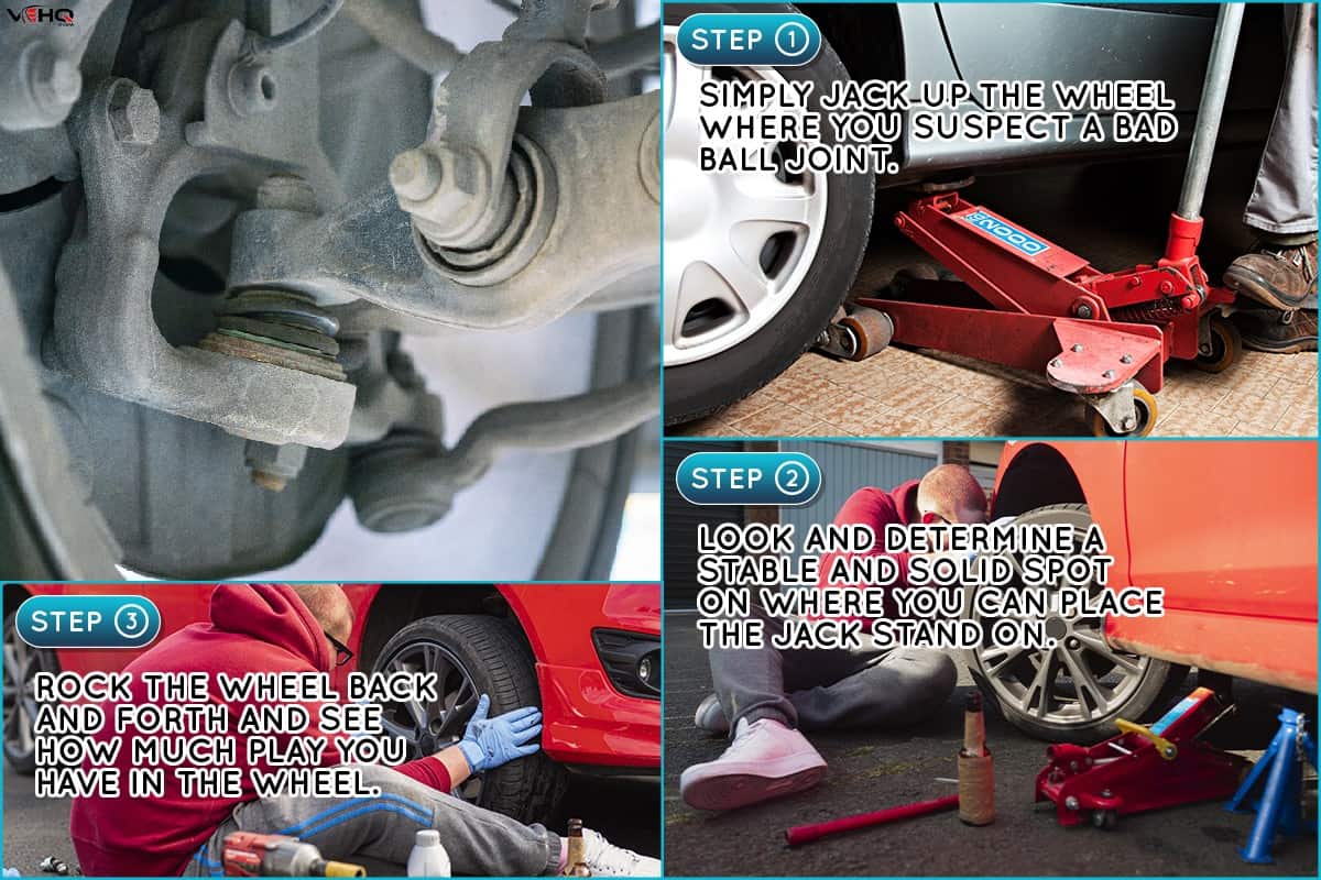 Car bottom view for ball joint and control arm power steering rack suspension system, How to check gor ball joint play