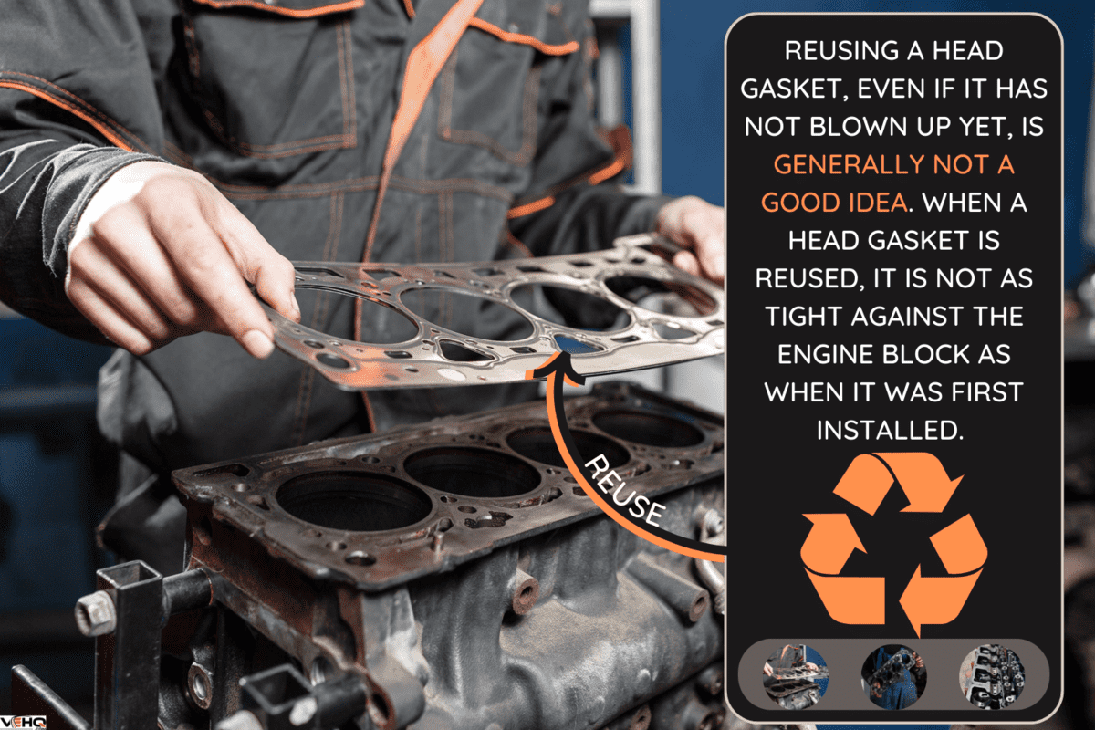 Sealing gasket in hand. The mechanic disassemble block engine vehicle. Engine on a repair stand with piston and connecting rod of automotive technology. Interior of a car repair shop. - Can You Reuse A Head Gasket Should You