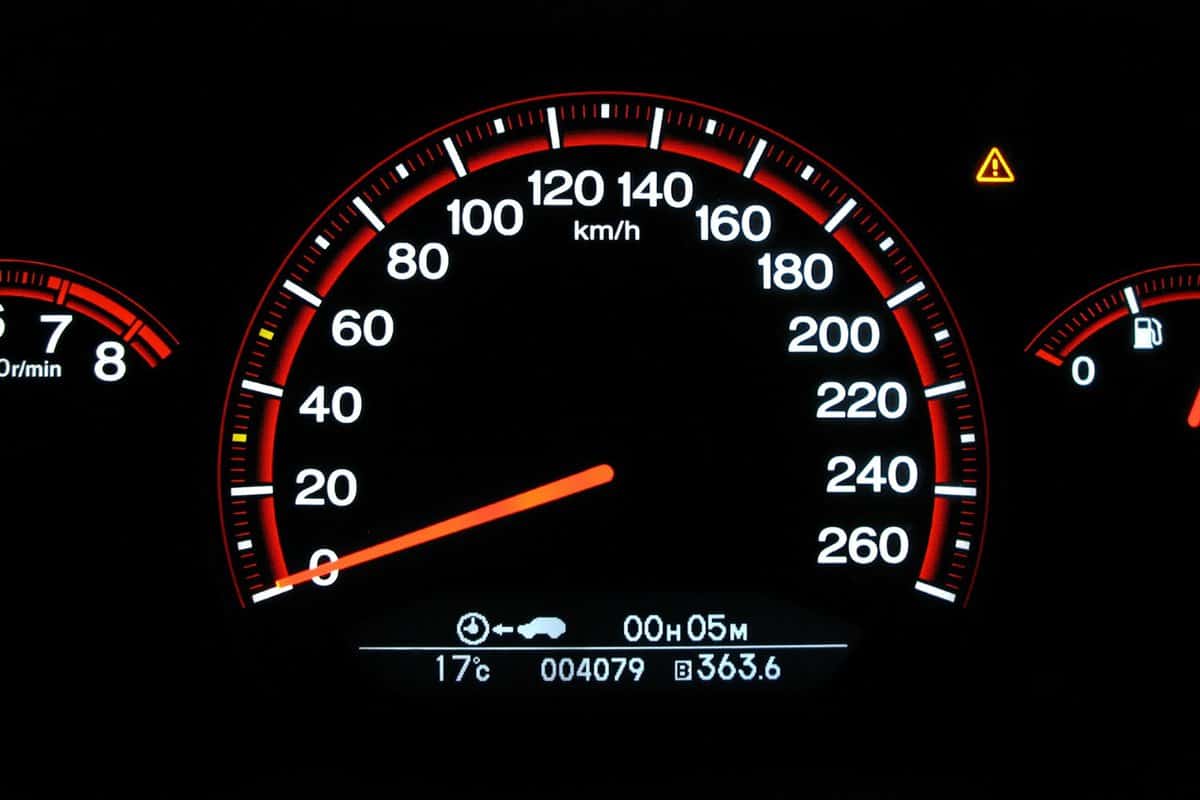tachometer, speed-o-meter in km/h, fuel tank level and engine temperature indicator