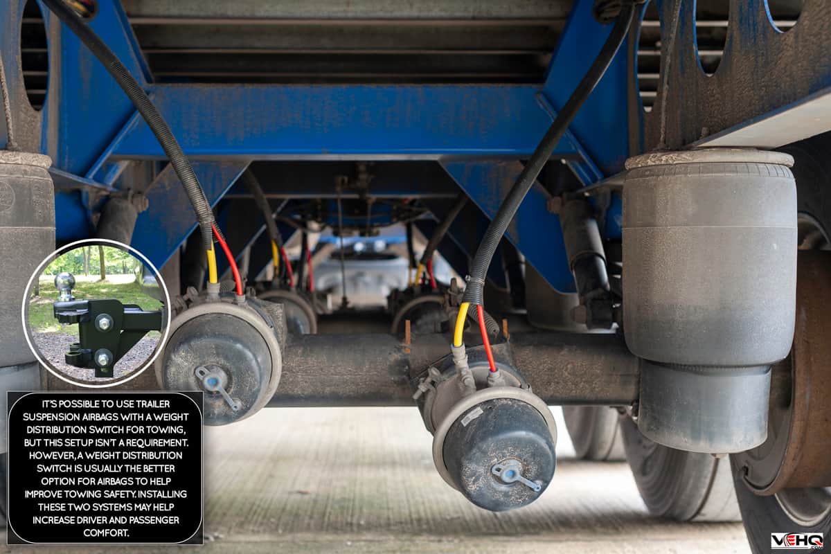 Underneath View of a Semi Trailer showing the Three Axles and Air bags and Brake Chambers with one of the Offside Rear Broken off the Axle with Shallow focus., Can You Use Airbags With A Weight Distribution Hitch? Should You?