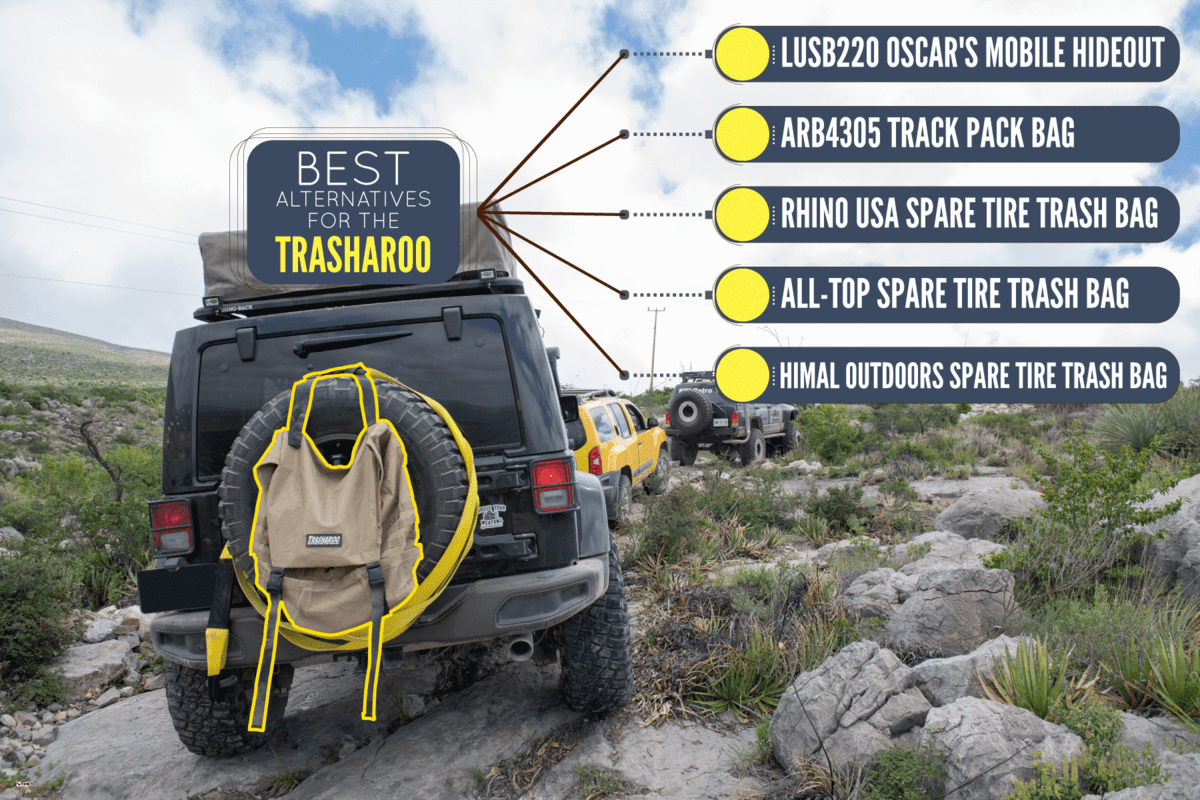 A Trasharoo spare tire trash bag mounted on a black Jeep Wrangler, Alternative Options For Trasharoo - What Is Best?