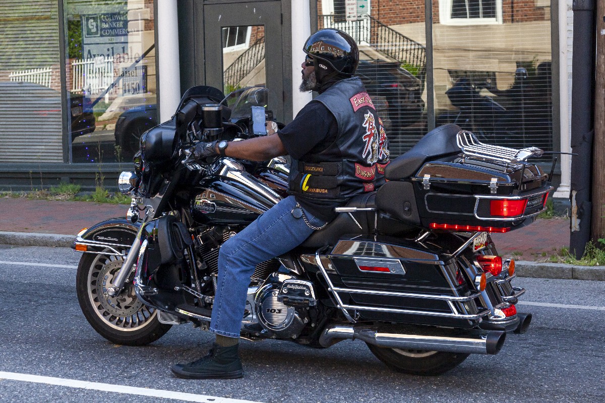 American man riding Harley Davidson