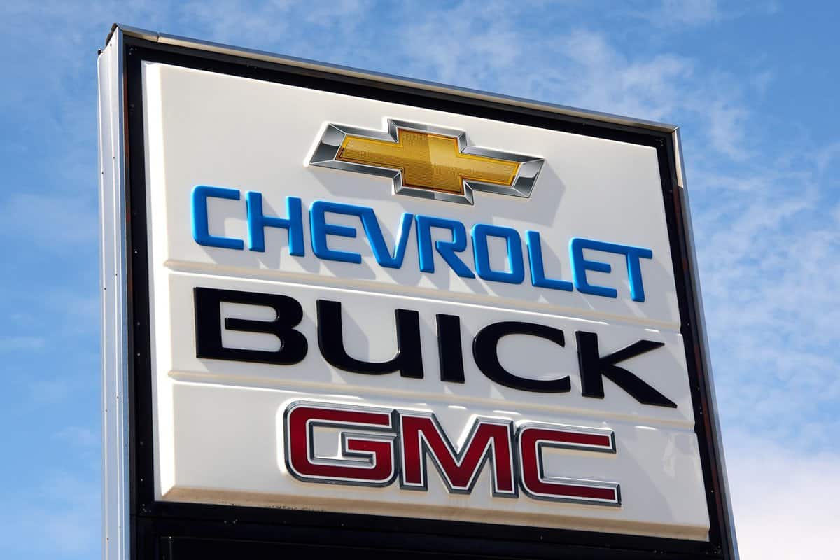 Chevrolet Buick and GMC sign at dealership. They are most popular and recognizable automotive brands in the US. Chevrolet Buick and GMC is division of General Motors