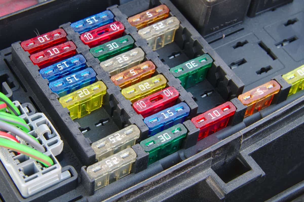 Car fuse box closeup. Multiple rows of different fuses, one connector and part of a relay visible