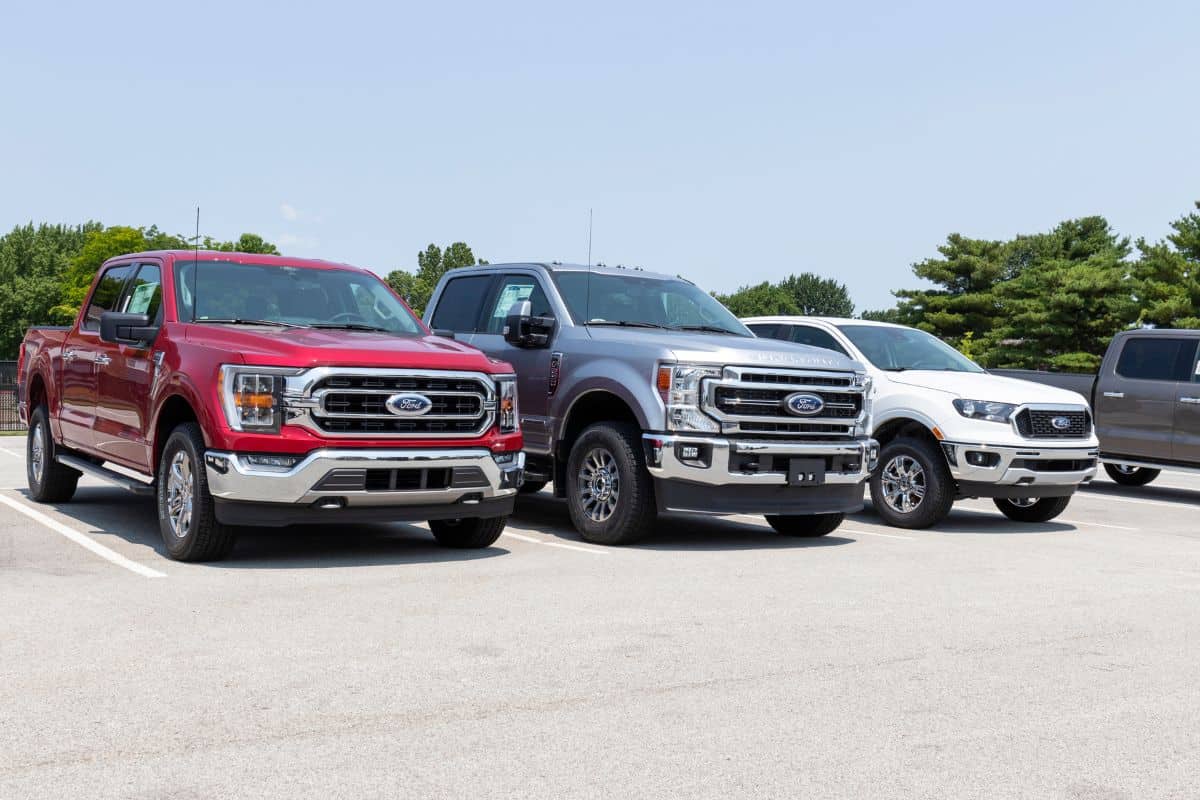 F-250 and all new Ranger on display at a dealership. Ford F-Series pickup trucks are the best selling models in the US.