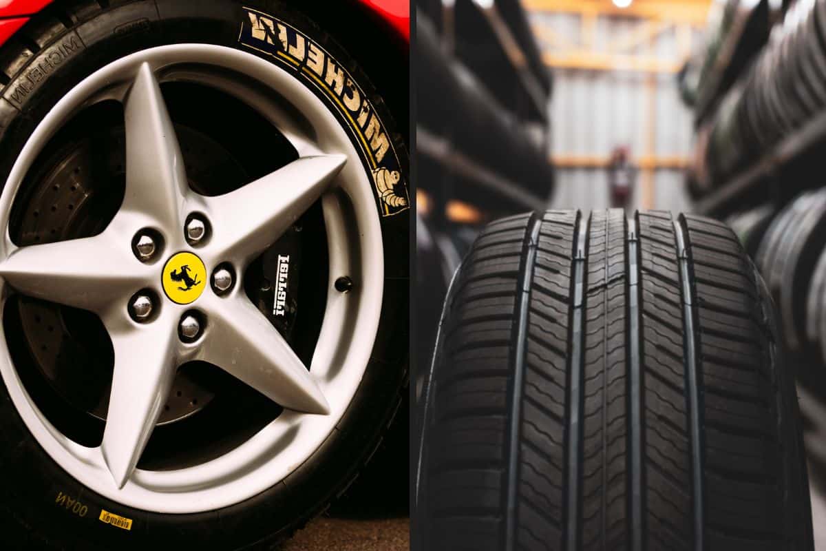 Ferrari car wheel with tire Michelin. Close up picture of brand new black automobile tyre