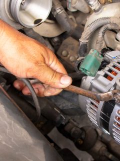 Mechanic or worker hand-holding wrench repair car alternator in a garage. Repairing and maintenance automobile concept - How Long Does It Take To Replace An Alternator [Inc. DIY & At Repair Shop]