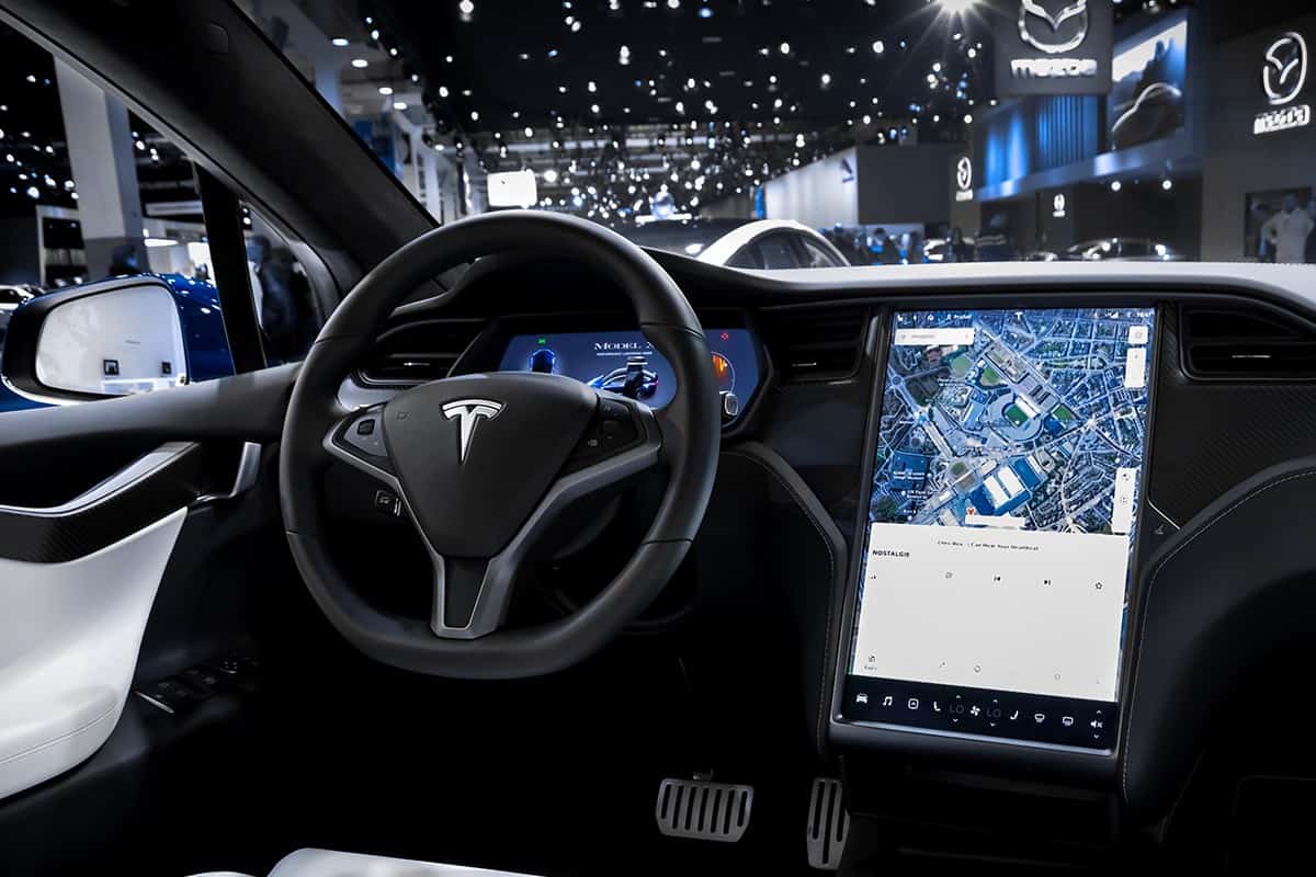 Tesla Model X car dashboard view shown at the Autosalon 2020 Motor Show
