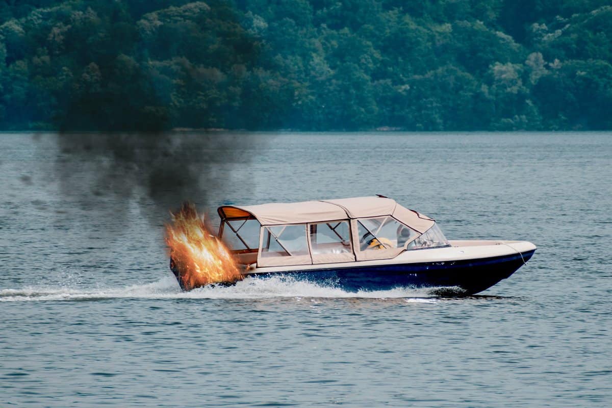 The boat's engine caught fire. Motor boat used for tourist tours 