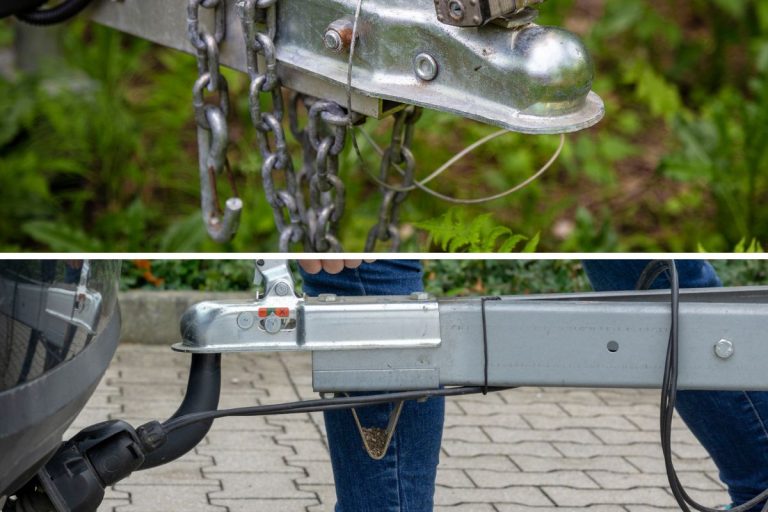 Trailer hitch chain tow chains rusty close up grass green summer boat equipment. - woman couple a trailer (i.s., hooked) into a ball-type tow hi, Chain Vs Bar For Weight Distribution Hitch Which Is Best?