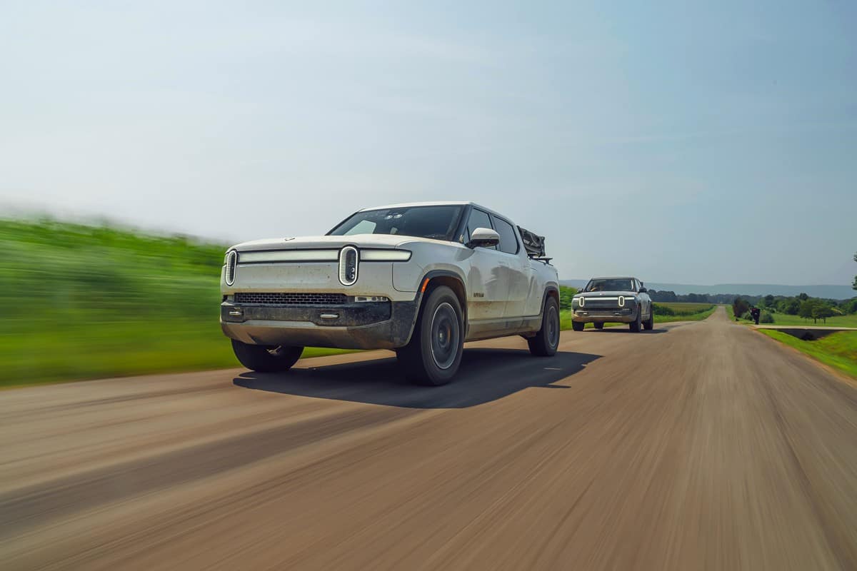 electric pickup truck Rivian R1T in the motion