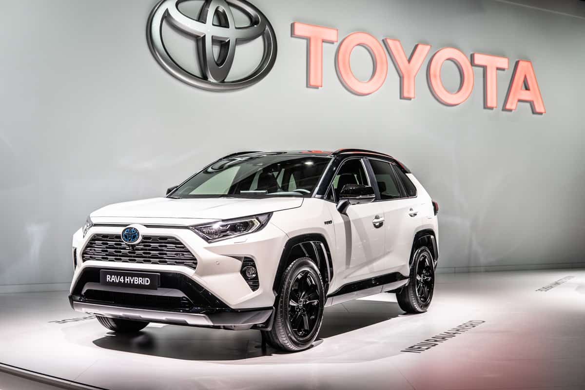 metallic Toyota RAV4 Hybrid at Mondial Paris Motor Show, produced by Japanese automaker, Toyota booth 