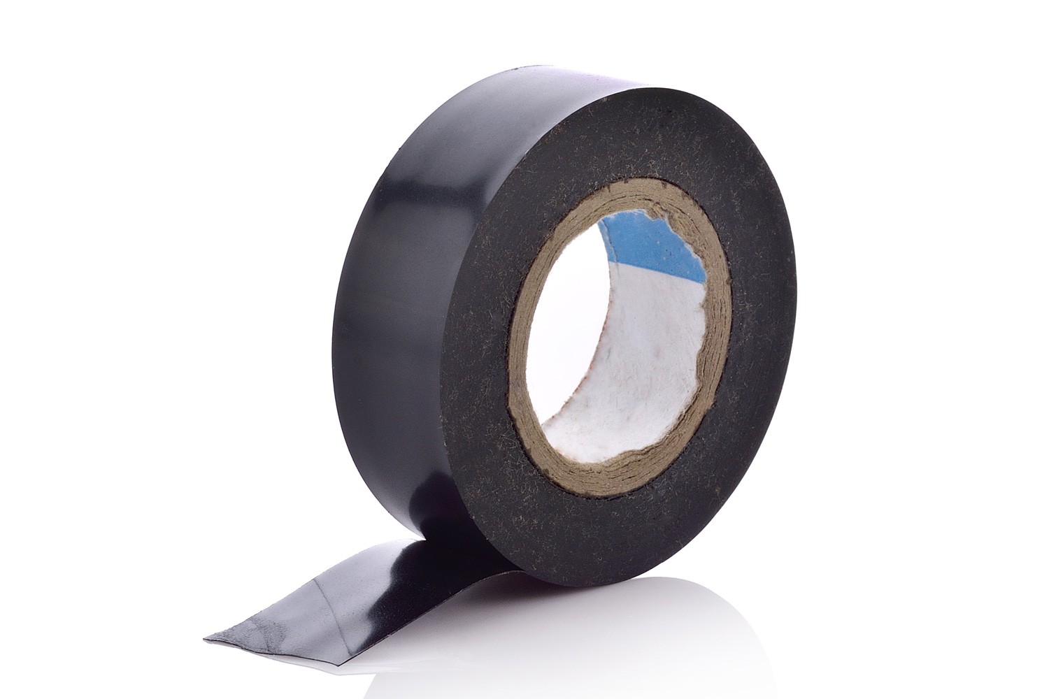 roll of black sticky duct tape on white background 
