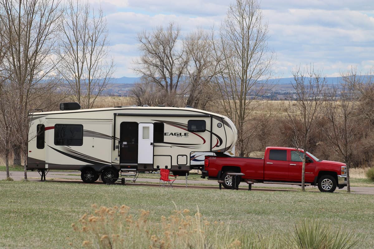 A fifth wheel camper and truck begin their set up at Cherry Creek State Park in Denver. Situated in Denver, it's a nature preserve that attracts many visitors