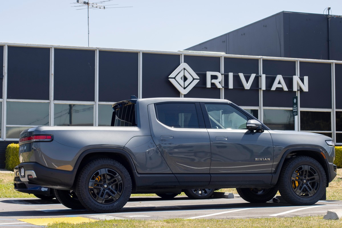 A new Rivian R1T truck is seen at a Rivian service center