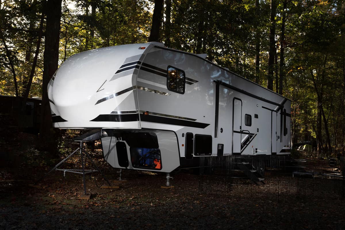 Fifth wheel camping trailer at Falls Lake North Carolina in the fall 