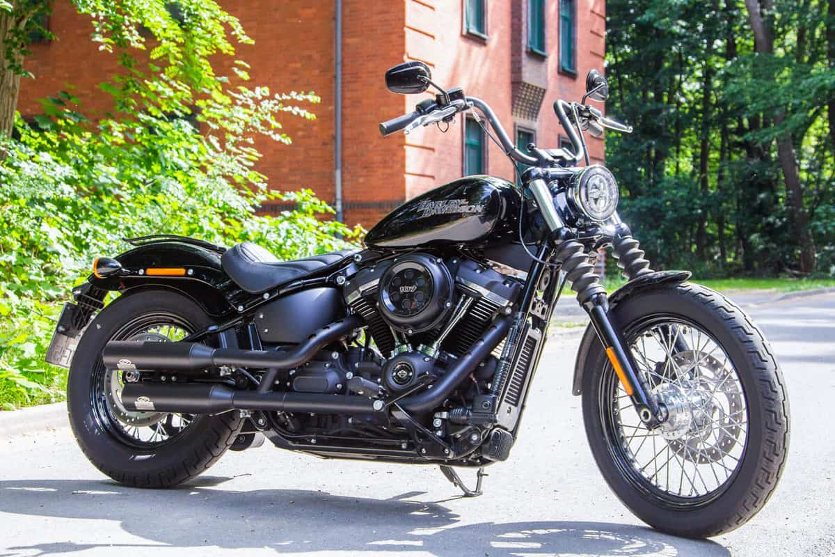 Harley Davidson motorcycle stands on a street. Harley Davidson 