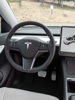 Interior details of steering wheel and touch screen display in white Tesla Model Y with white leather interior, How To Use Valet Mode On Tesla Model Y