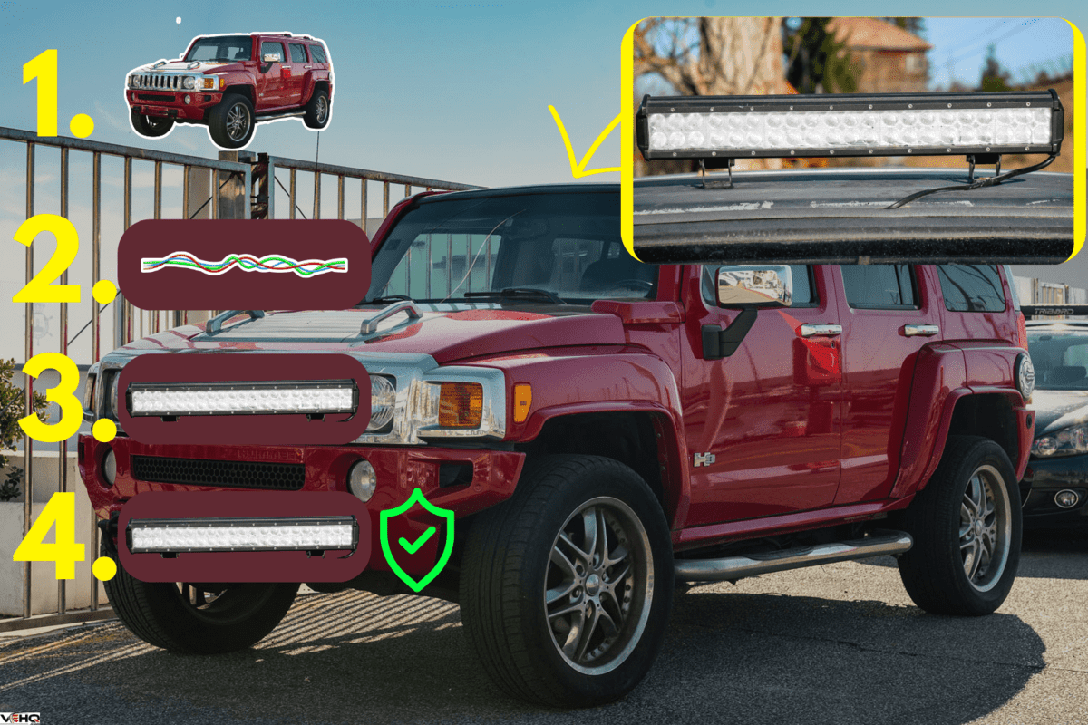 Red SUV car Hummer H3 is staying parked near entrance to city yacht port, How To Install A Light Bar On Hummer H3
