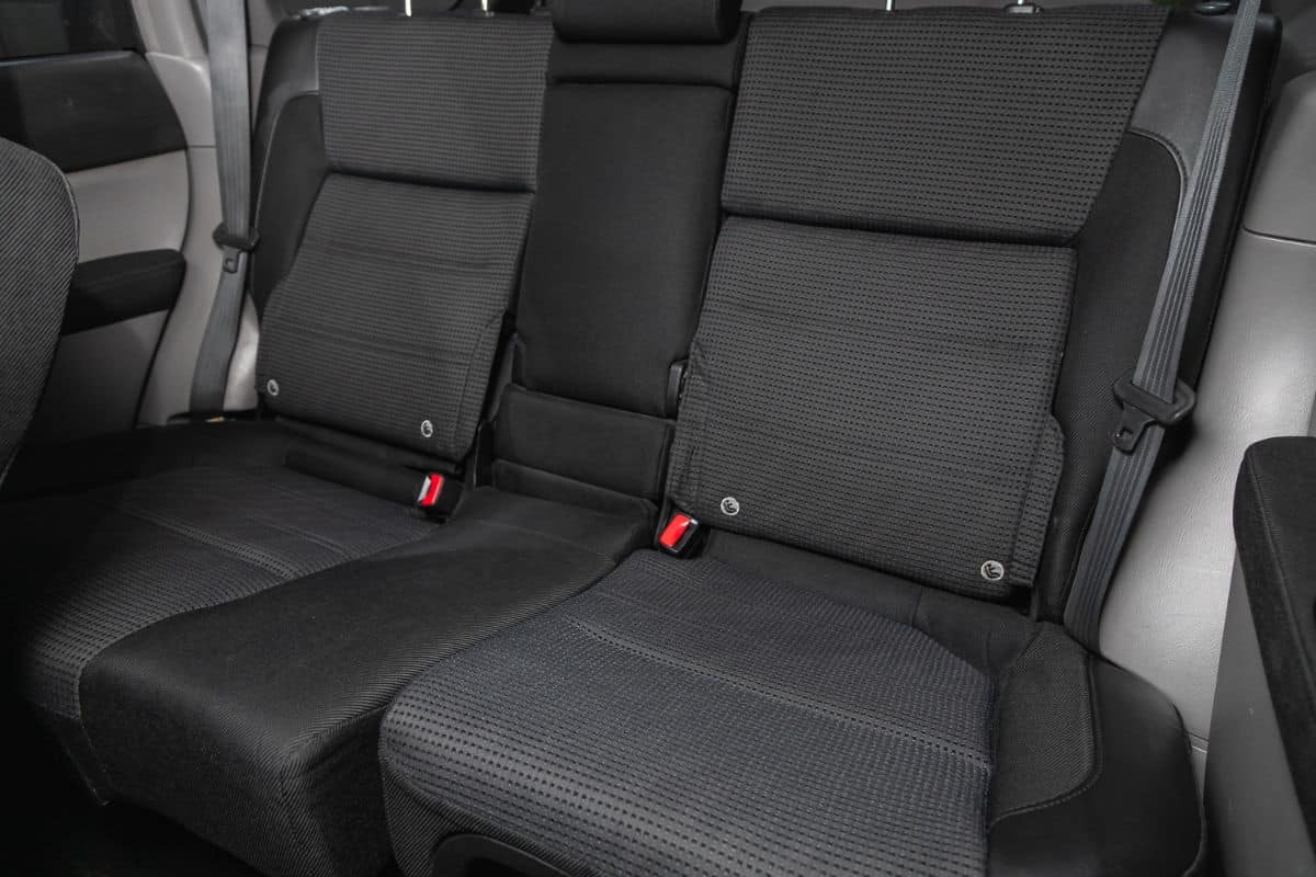 Clean car interior with black back seats, headrests and belts