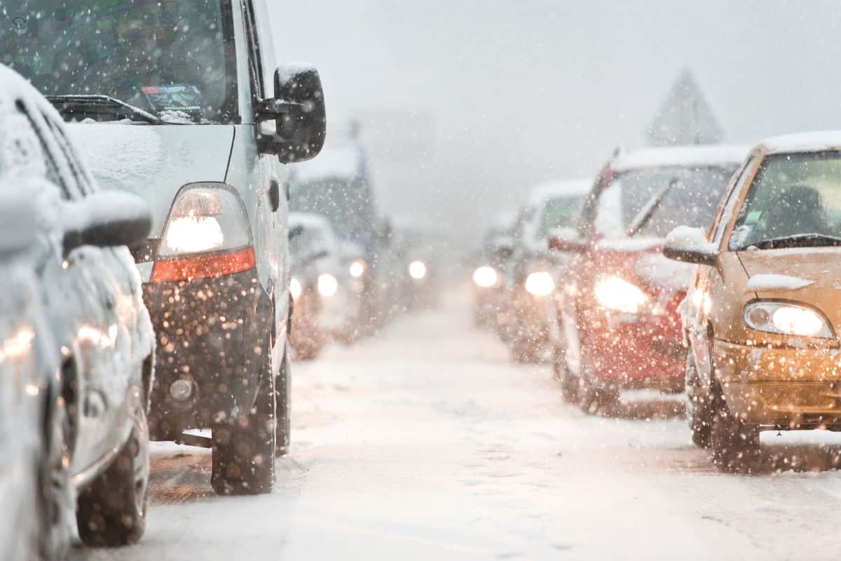 Traffic jam caused by heavy snowfall.