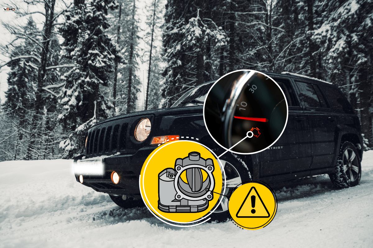 View to the front of dark 2015 Jeep Patriot driving in the mountains during winter with trees covered in white snow, Red Lightning Bolt And Check Engine Light On My Jeep Patriot - What Could Be Wrong?