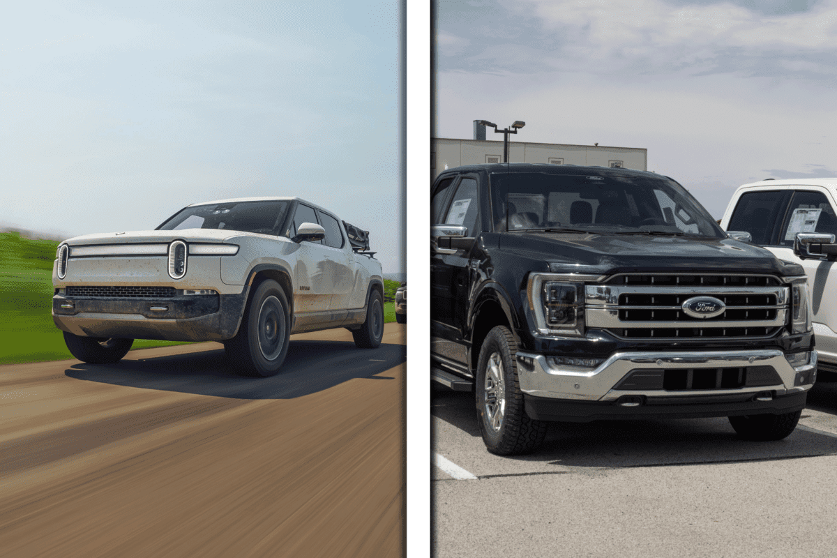 collab photo of a rivian pick up truck and a ford 150 size comparison, Rivian Size Vs F150: How Do They Compare?