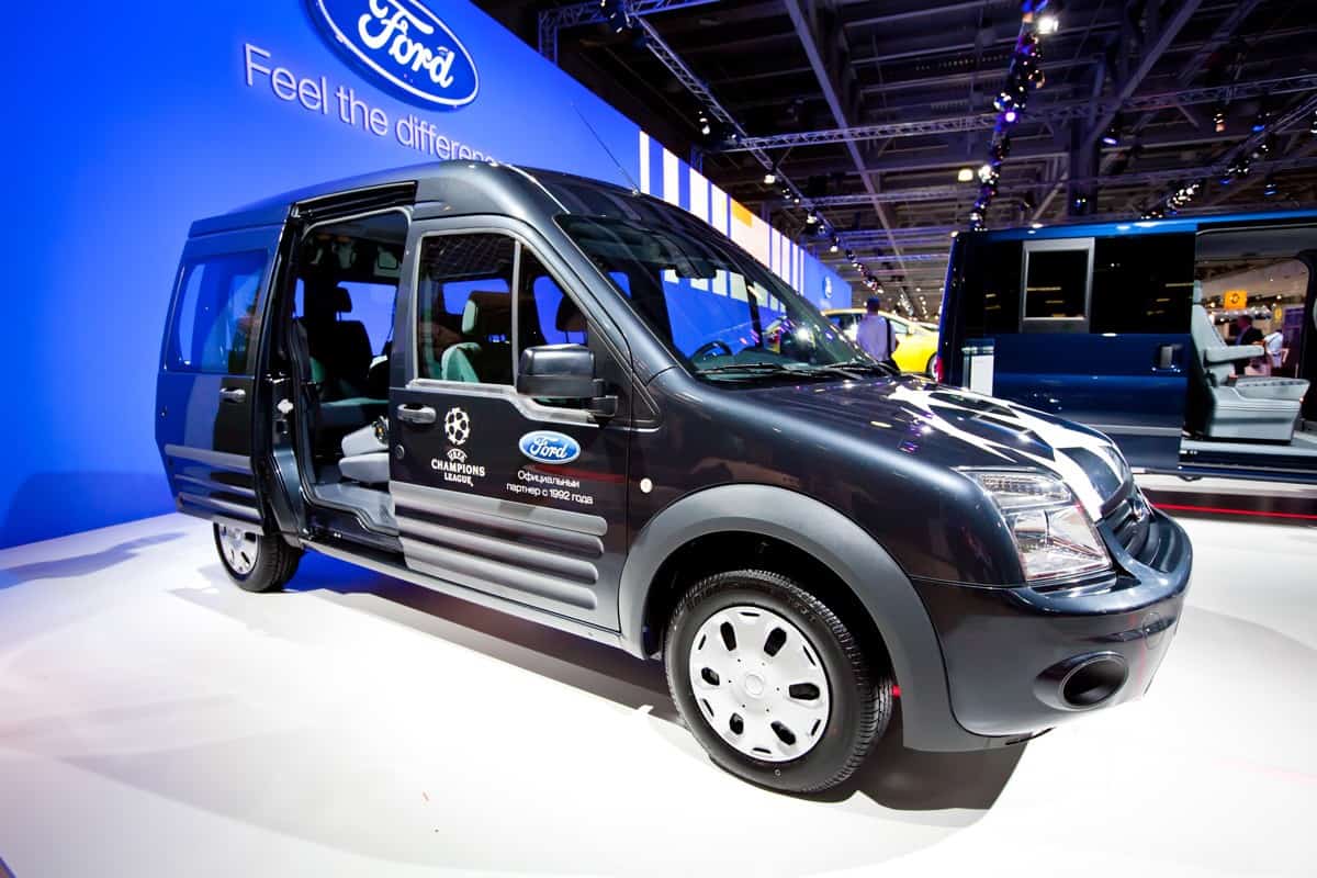 Blue lorry car Ford Transit Connect on display at Moscow International exhibition