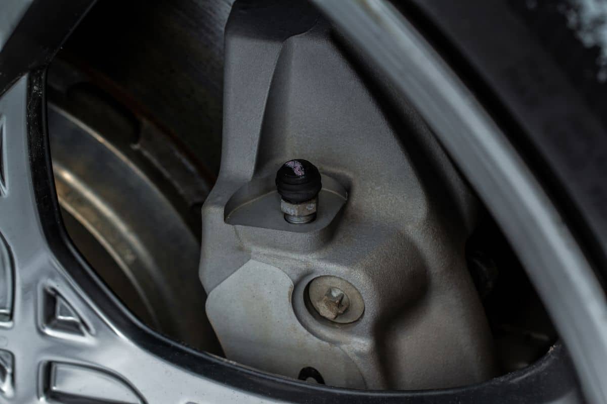 Car brakes bleeder valves. Bleeder bolt on the modern car brake calipers and disc brake rotor.