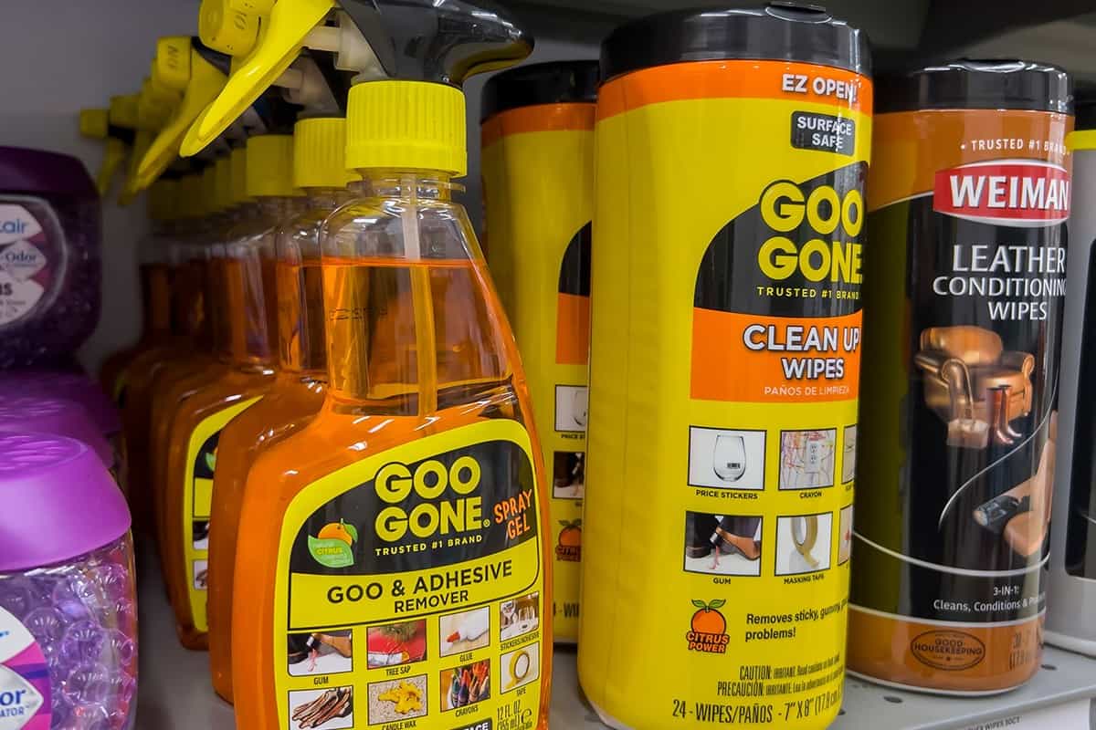 Close up view of goo gone products for sale inside a staples store