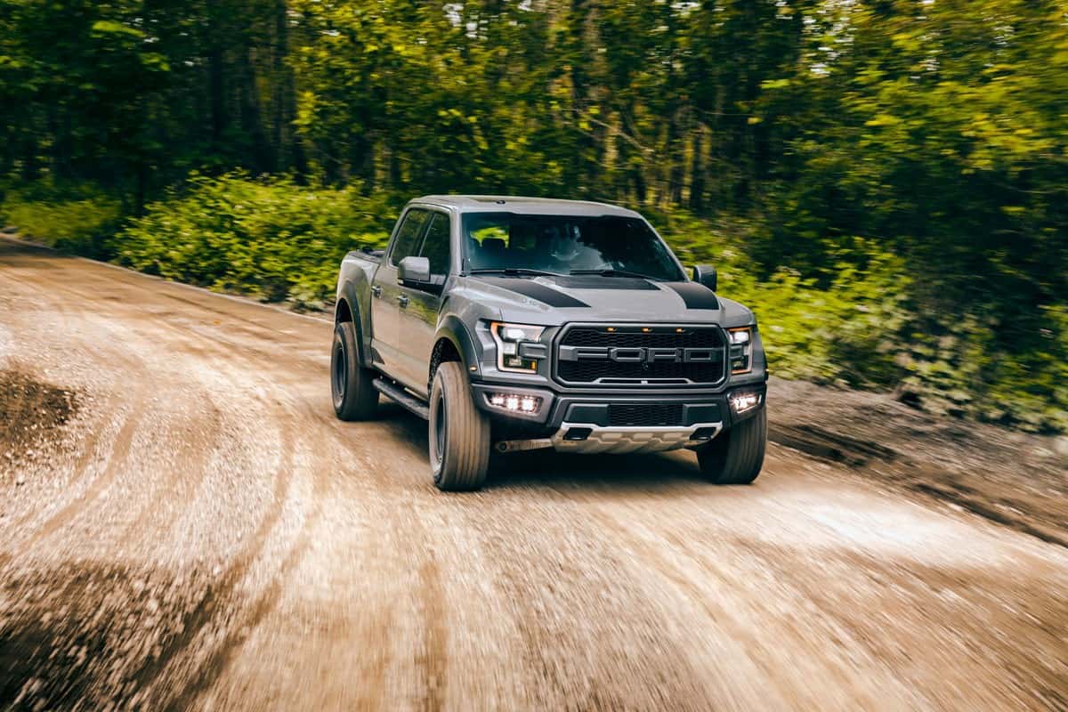 Ford F150 fast rolling on the middle of the forest road