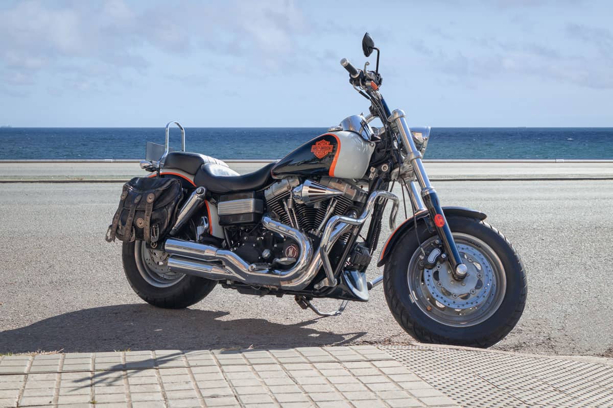 Harley-Davidson motorcycle parked next to sea