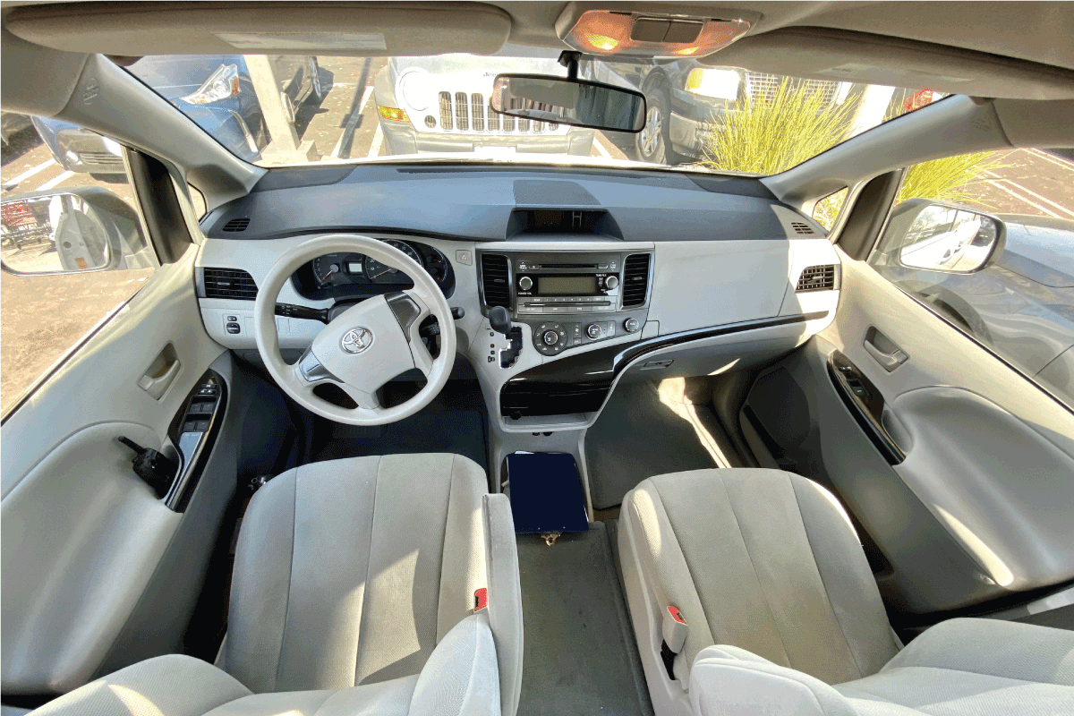 Interior of a Toyota Siena minivan with an ultra wide lens.
